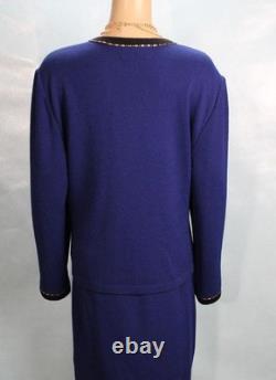 ST. JOHN Collection Blue Jacket Skirt XL14 16 2pc Suit Gold Buttons Black Trim