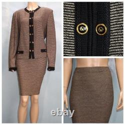 ST JOHN Collection Gold Beige Jacket Skirt XLL 16 18 2pc Suit Buttons Black Trim