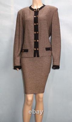 ST JOHN Collection Gold Beige Jacket Skirt XLL 16 18 2pc Suit Buttons Black Trim