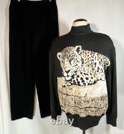 ST JOHN Collection Gray Leopard Sequin Sweater & Black Santana Knit Pants Sz M/6