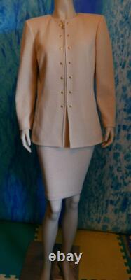 ST JOHN Collection Knit Beige Jacket Skirt L 10 2pc Suit Gold Buttons Scoop Neck