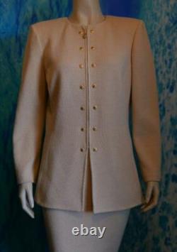 ST JOHN Collection Knit Beige Jacket Skirt L 10 2pc Suit Gold Buttons Scoop Neck
