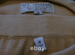 ST JOHN Collection Knit Beige Jacket Skirt L 10 2pc Suit Gold Buttons Scoop Neck