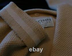 ST JOHN Collection Knit Beige Jacket Skirt L 10 2pc Suit Gold Buttons Scoop Neck