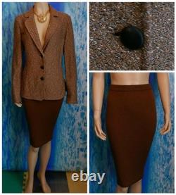 ST JOHN Collection Knit Brown Jacket Skirt L 12 10 2pc Suit Cream Black Collared