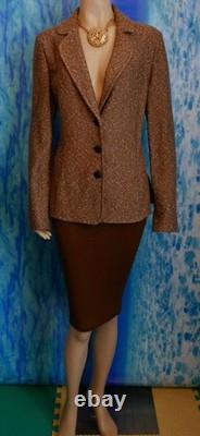 ST JOHN Collection Knit Brown Jacket Skirt L 12 10 2pc Suit Cream Black Collared