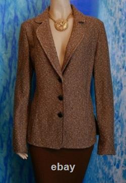 ST JOHN Collection Knit Brown Jacket Skirt L 12 10 2pc Suit Cream Black Collared