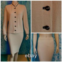 ST. JOHN Collection Knits Beige Jacket Skirt L 10 12 2pc Suit Buttons Embroidery