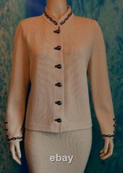 ST. JOHN Collection Knits Beige Jacket Skirt L 10 12 2pc Suit Buttons Embroidery