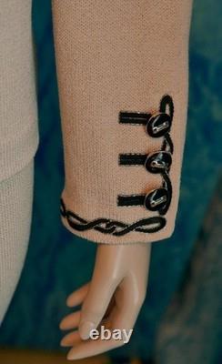 ST. JOHN Collection Knits Beige Jacket Skirt L 10 12 2pc Suit Buttons Embroidery
