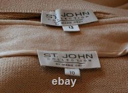 ST. JOHN Collection Knits Beige Jacket Skirt L 10 12 2pc Suit Buttons Embroidery