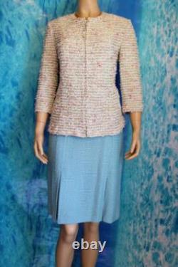 ST. JOHN Collection Knits Blue Cream Jacket Skirt L 10 12 2pc Suit Multicolor
