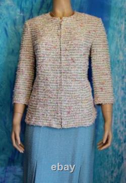 ST. JOHN Collection Knits Blue Cream Jacket Skirt L 10 12 2pc Suit Multicolor