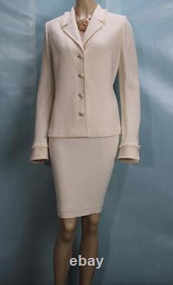 ST. JOHN Collection Off White Jacket Skirt L 10 12 2pc Suit Buttons Fringe Trim