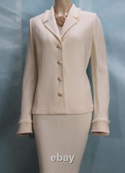 ST. JOHN Collection Off White Jacket Skirt L 10 12 2pc Suit Buttons Fringe Trim