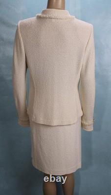 ST. JOHN Collection Off White Jacket Skirt L 10 12 2pc Suit Buttons Fringe Trim