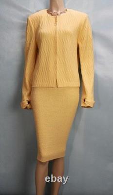 ST JOHN Collection Yellow Jacket Skirt L XL Size 12 14 2pc Suit Crochet Grommets