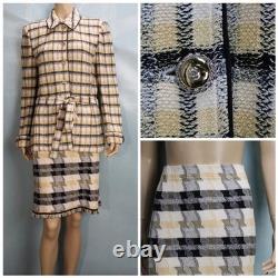 ST. JOHN Collection Yellow White Jacket Skirt L Size 10 8 2pc Suit Pockets Belt