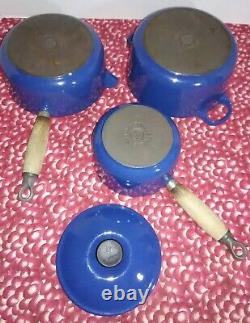 Set 3 LE CREUSET Blue Enamel Cast-Iron Saucepans Pots/Lid #14 and two #18