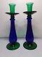 Set Of 2 Art Glass Candle Holders Two- Tone Cobalt Blue & Emerald Green