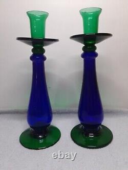 Set Of 2 Art Glass Candle Holders Two- Tone Cobalt Blue & Emerald Green