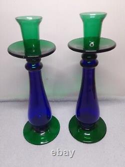 Set Of 2 Art Glass Candle Holders Two- Tone Cobalt Blue & Emerald Green