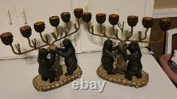 Set Of 2. Two's Company Rustic Bears Candlestick Holders. Resin. Black bears