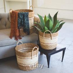 Set Of Three Two Toned Natural Round Baskets Multi