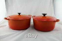 Set Of Two E & F Le Creuset Round Cast Iron Enameled Dutch Oven Flame Orange