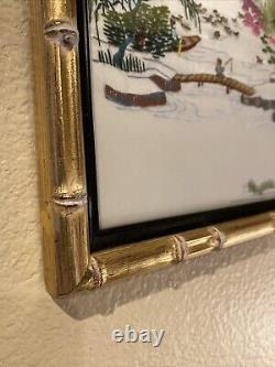 Set Of Two Japanese Silk Embroidered Art With Gold Wooden Frame, New York