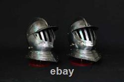 Set Of Two Medieval Full Face Movable Visor Helmet Old Steel sheet helmet