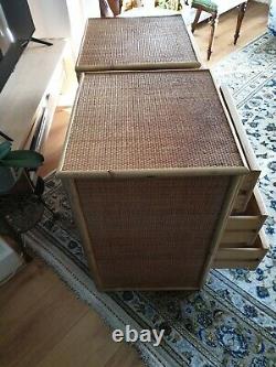 Set Of Two Mid Century Wicker/ Cane Bamboo Bed Side Tables With 3 Drawers. 1960/