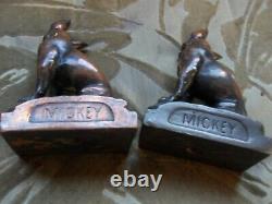 Set Of Two Paul Herzel Pompeian Bronze Bull Dog Boxer Mickey Bookends
