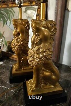 Set Of two Mid Century Modern Brass Lions Lamps FIERCE! Vintage Brass Lamps