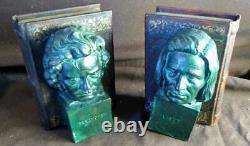 Set Pair of 2 Two Bookends Beethoven & Liszt Leather Books Statue Busts Metal