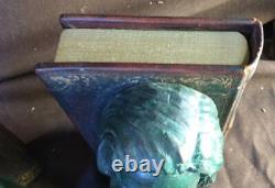 Set Pair of 2 Two Bookends Beethoven & Liszt Leather Books Statue Busts Metal