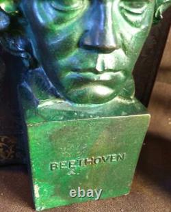 Set Pair of 2 Two Bookends Beethoven & Liszt Leather Books Statue Busts Metal