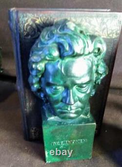 Set Pair of 2 Two Bookends Beethoven & Liszt Leather Books Statue Busts Metal