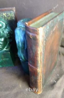 Set Pair of 2 Two Bookends Beethoven & Liszt Leather Books Statue Busts Metal