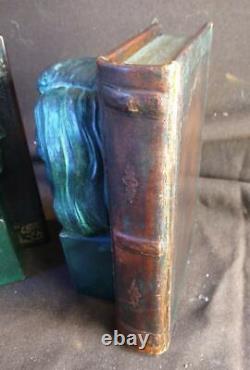 Set Pair of 2 Two Bookends Beethoven & Liszt Leather Books Statue Busts Metal