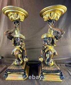 Set Pair of Two 2 Decorative Monkey Monkeys Statues Pedestal Stands Gold Paint