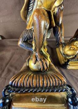 Set Pair of Two 2 Decorative Monkey Monkeys Statues Pedestal Stands Gold Paint