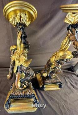 Set Pair of Two 2 Decorative Monkey Monkeys Statues Pedestal Stands Gold Paint