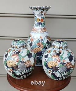 Set Vase & Two Ginger Jars flowers butterflies Gilding Chinese Chinoiserie