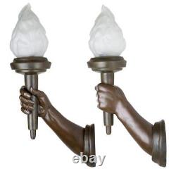 Set of 2 French Whimsy 1930s Style Hands Holding Glass Torches Wall Sconces