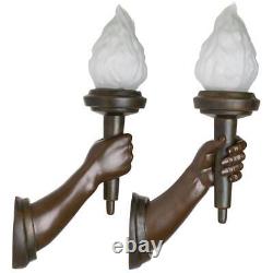 Set of 2 French Whimsy 1930s Style Hands Holding Glass Torches Wall Sconces