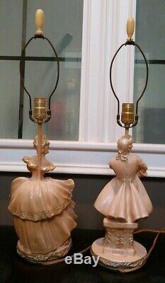 Set of TWO Vintage 50's FAIP F. A. I. P. Table Lamps Pink Chalkware Lady & Man