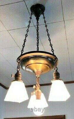 Set of Two 1920 Antique Brass Chandeliers 4 Lights Each Frosted Shades