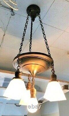 Set of Two 1920 Antique Brass Chandeliers 4 Lights Each Frosted Shades