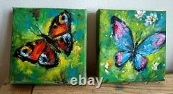 Set of Two Butterfly Original Oil Painting Small Impressionist Collectible 4 x 4